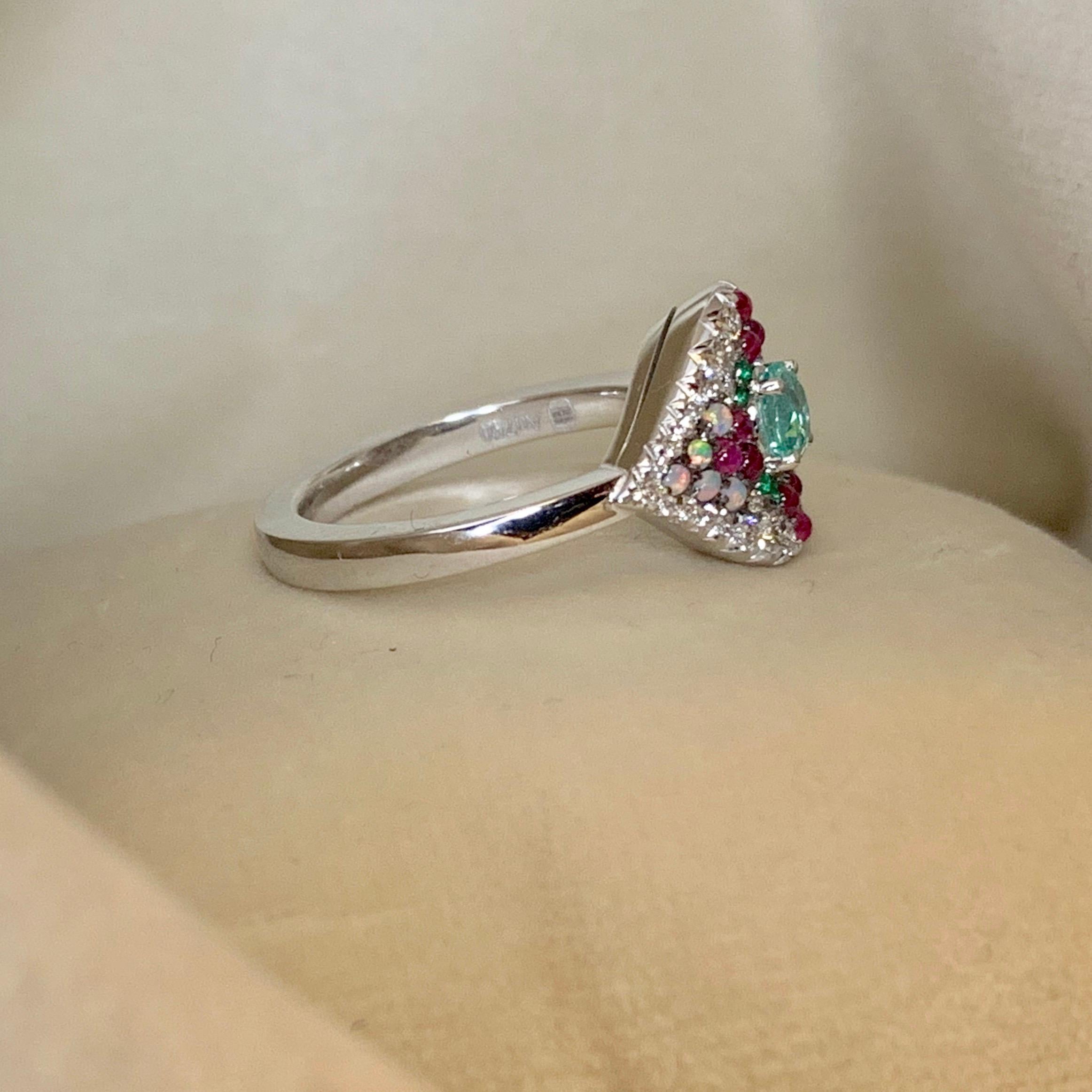 Round Cut Paraiba Tourmaline, Emerald, Pink Sapphire, Australian Opal, White Diamond Ring