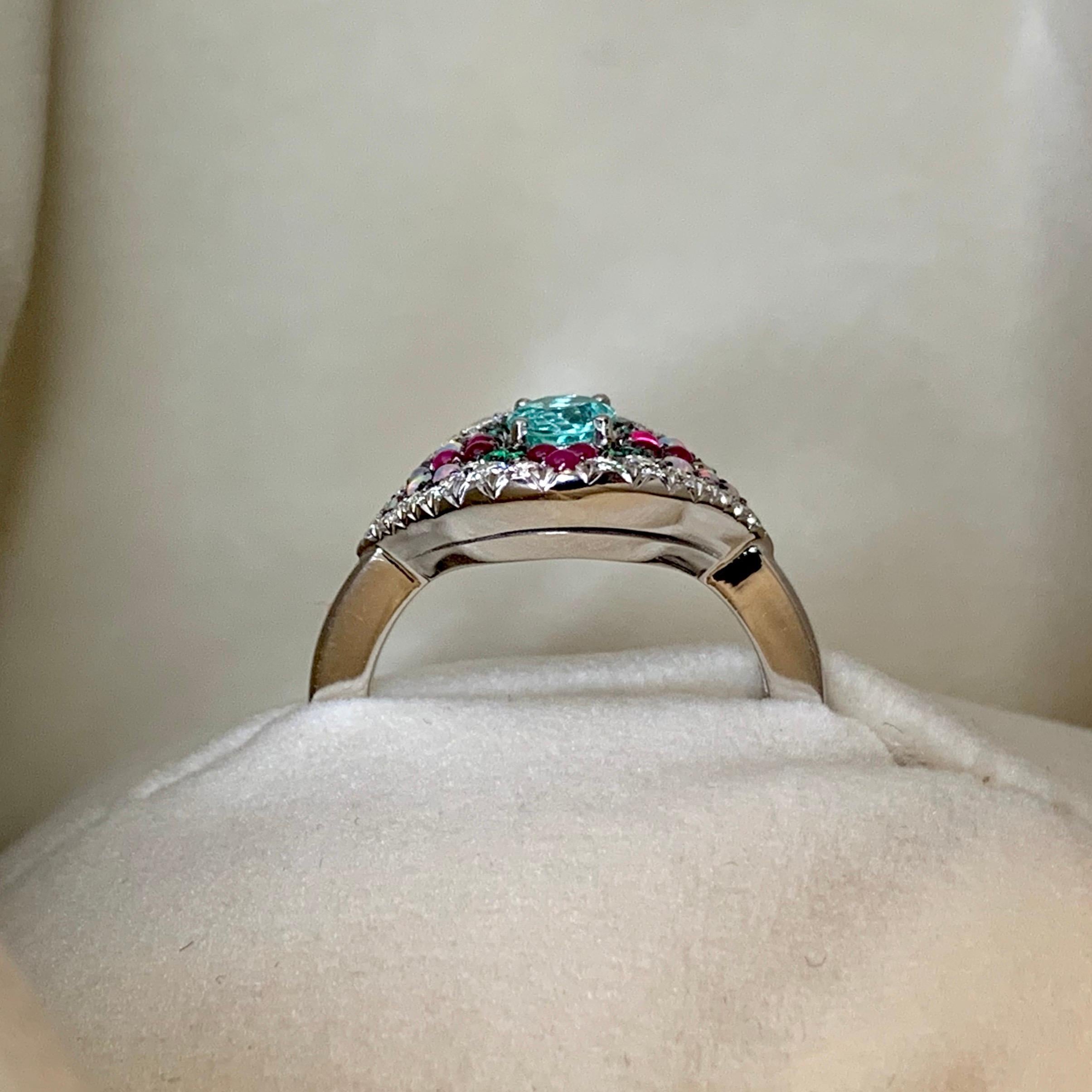 Paraiba Tourmaline, Emerald, Pink Sapphire, Australian Opal, White Diamond Ring In New Condition In Antwerp, BE