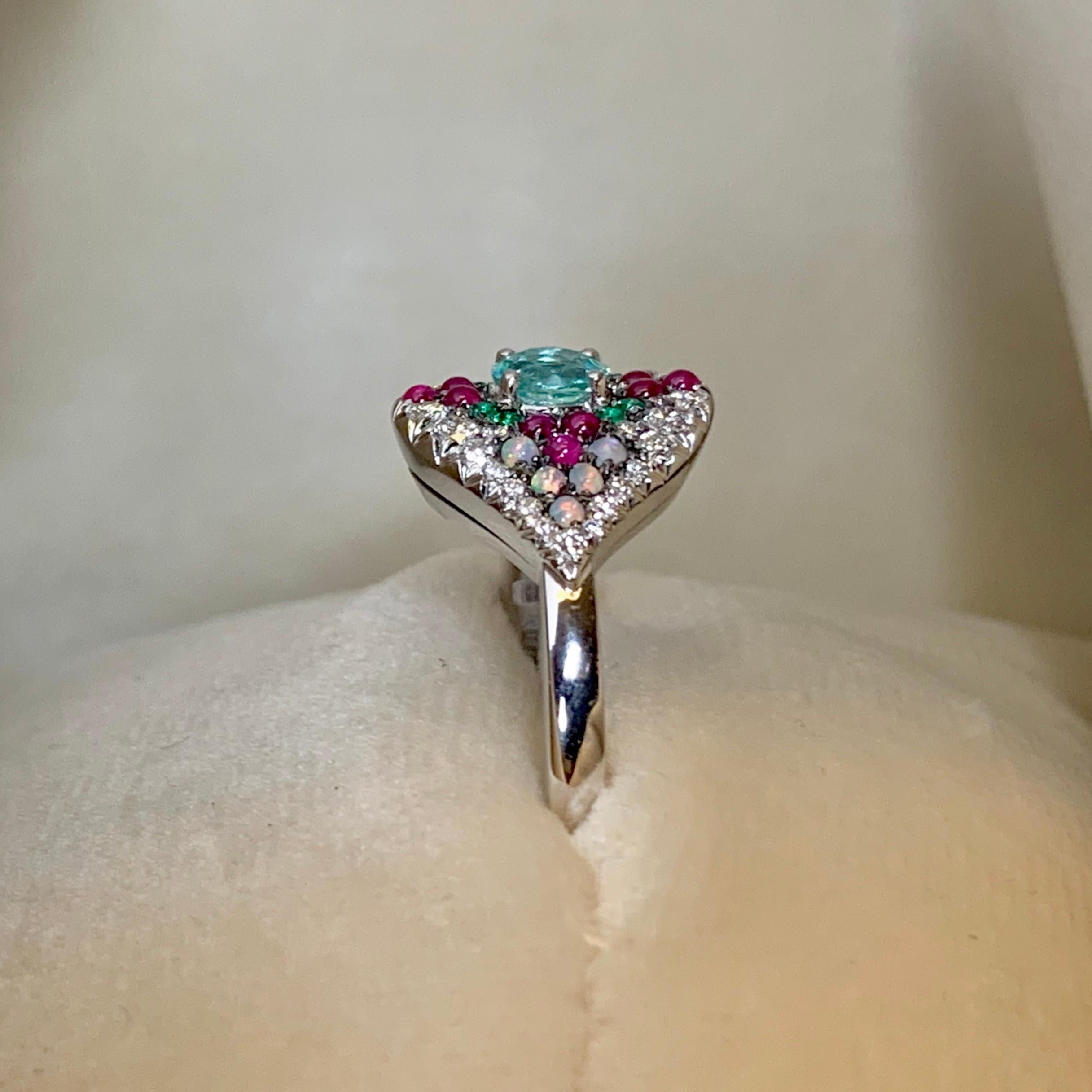 Women's Paraiba Tourmaline, Emerald, Pink Sapphire, Australian Opal, White Diamond Ring