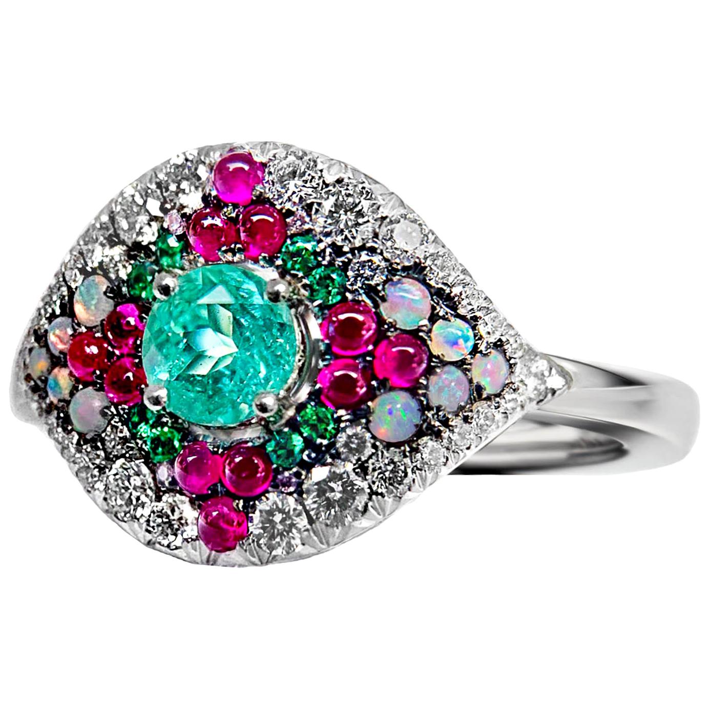 Paraiba Tourmaline, Emerald, Pink Sapphire, Australian Opal, White Diamond Ring