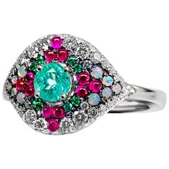 Bague en tourmaline Paraiba, émeraude, saphir rose, opale d'Australie et diamant blanc