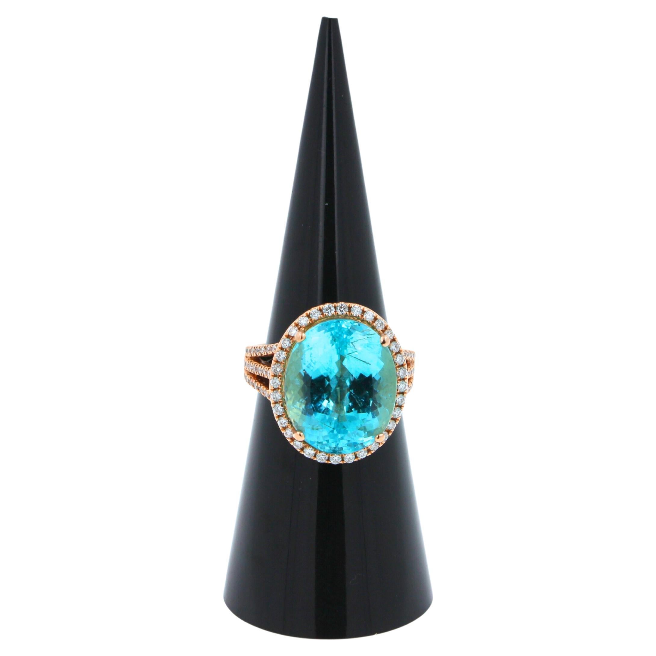 Blue Paraiba Tourmaline Diamond Halo Classic Simple Solitaire 18 Karat Gold Ring For Sale 5