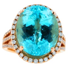 Blue Paraiba Tourmaline Diamond Halo Classic Simple Solitaire 18 Karat Gold Ring