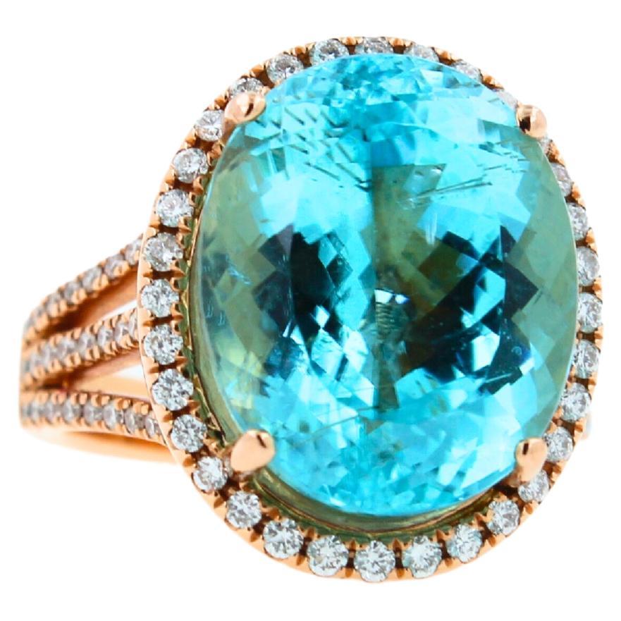 Art Deco Blue Paraiba Tourmaline Diamond Halo Classic Simple Solitaire 18 Karat Gold Ring For Sale