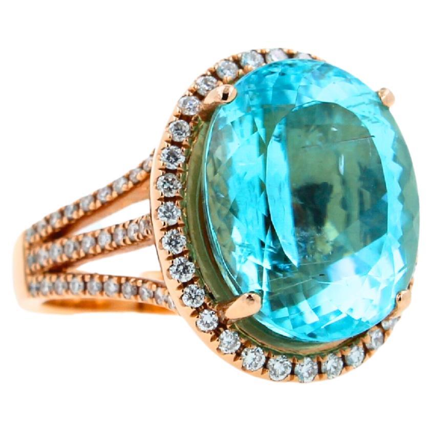 Oval Cut Blue Paraiba Tourmaline Diamond Halo Classic Simple Solitaire 18 Karat Gold Ring For Sale