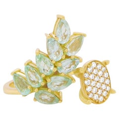 Paraiba Tourmaline Leaf Pear Shape Diamond Pave Cocktail Fashion Ring 18K Yellow