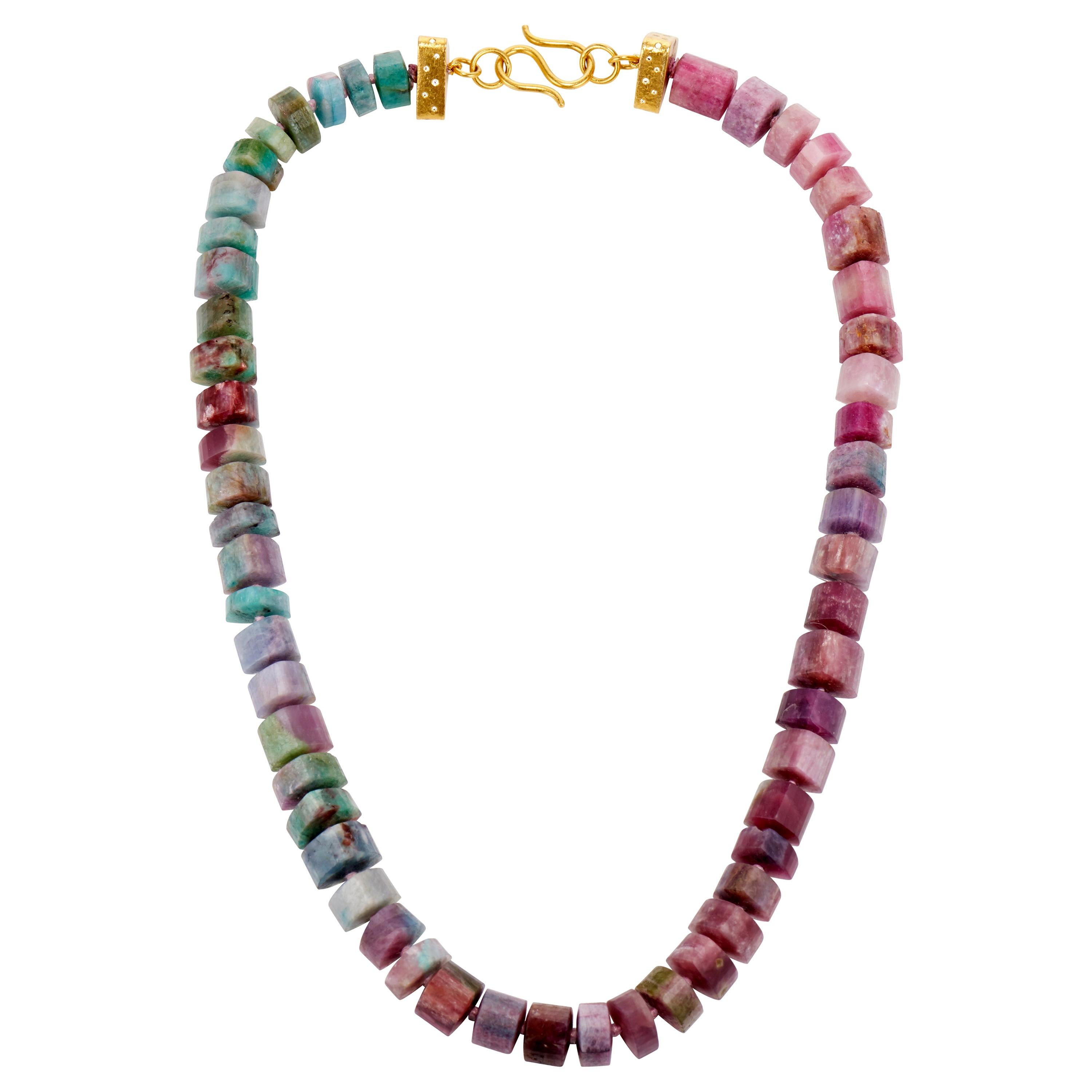 Paraiba Tourmaline Multicolored Faceted Bead Necklace, Diamond and Gold Clasp