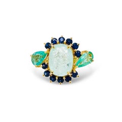 Paraiba Tourmaline Oval & Pear Shape & Blue Sapphire Rd Ring In 18K Yellow Gold