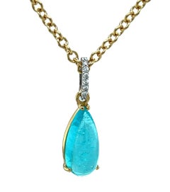 Paraiba Tourmaline Pendant, 6.35 Carat Pear Shape Cabochon with Diamond Set Bail