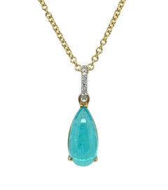 Paraiba Tourmaline Pendant, 6.35 Carat Pear Shape Cabochon with Diamond Set Bail