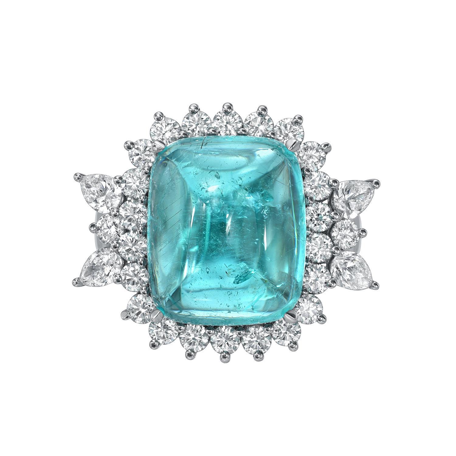 Paraiba Tourmaline Ring 14 Carat Sugarloaf Cabochon Cushion In New Condition In Beverly Hills, CA