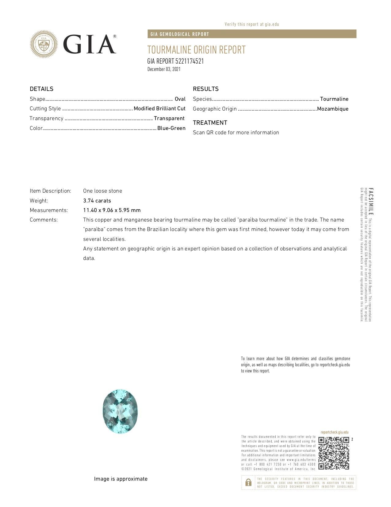 Paraiba Turmalin Ring 3,74 Karat Oval GIA zertifiziert (Zeitgenössisch)