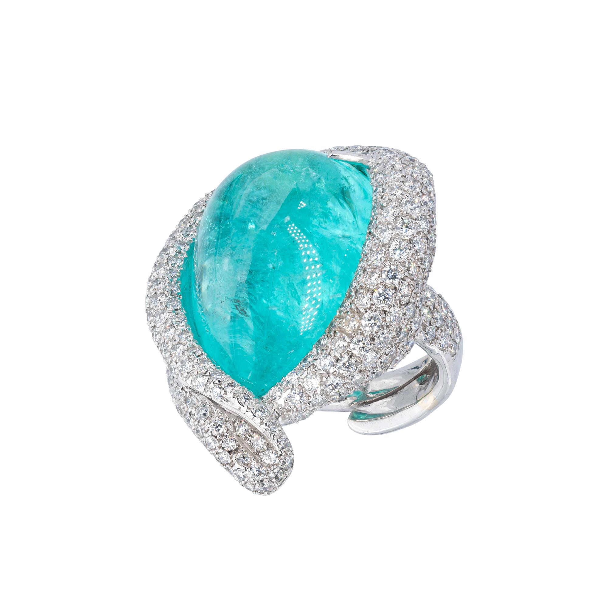 Pear Cut Paraiba Tourmaline Ring with Diamonds from d'Avossa Masterpiece Collection For Sale