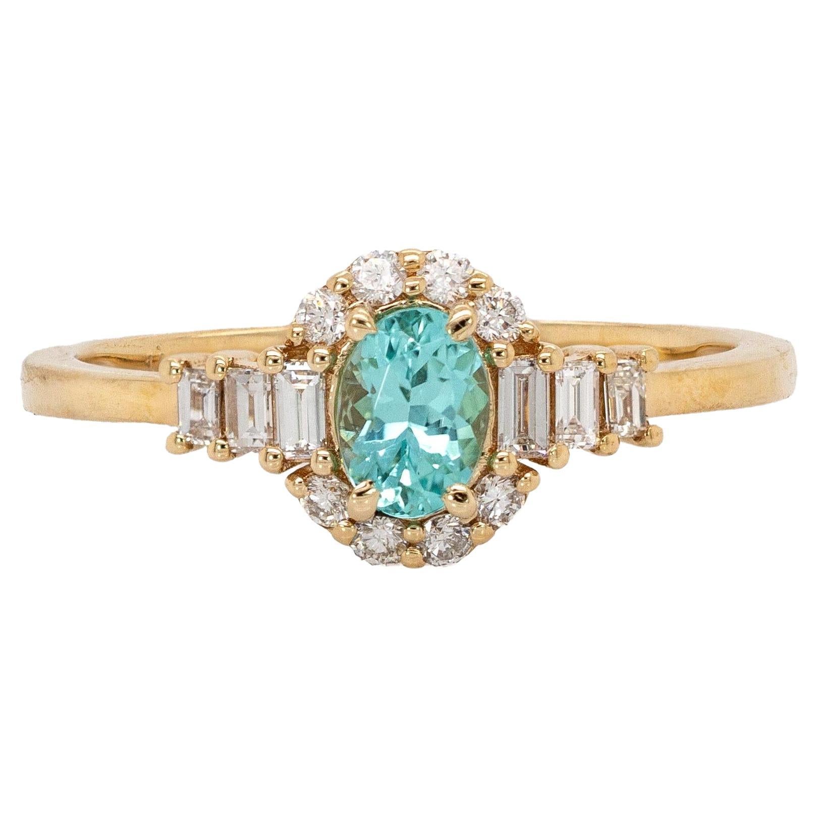 Bague en or massif 14K avec tourmaline Paraiba et diamants naturels  OV 5.5x4mm