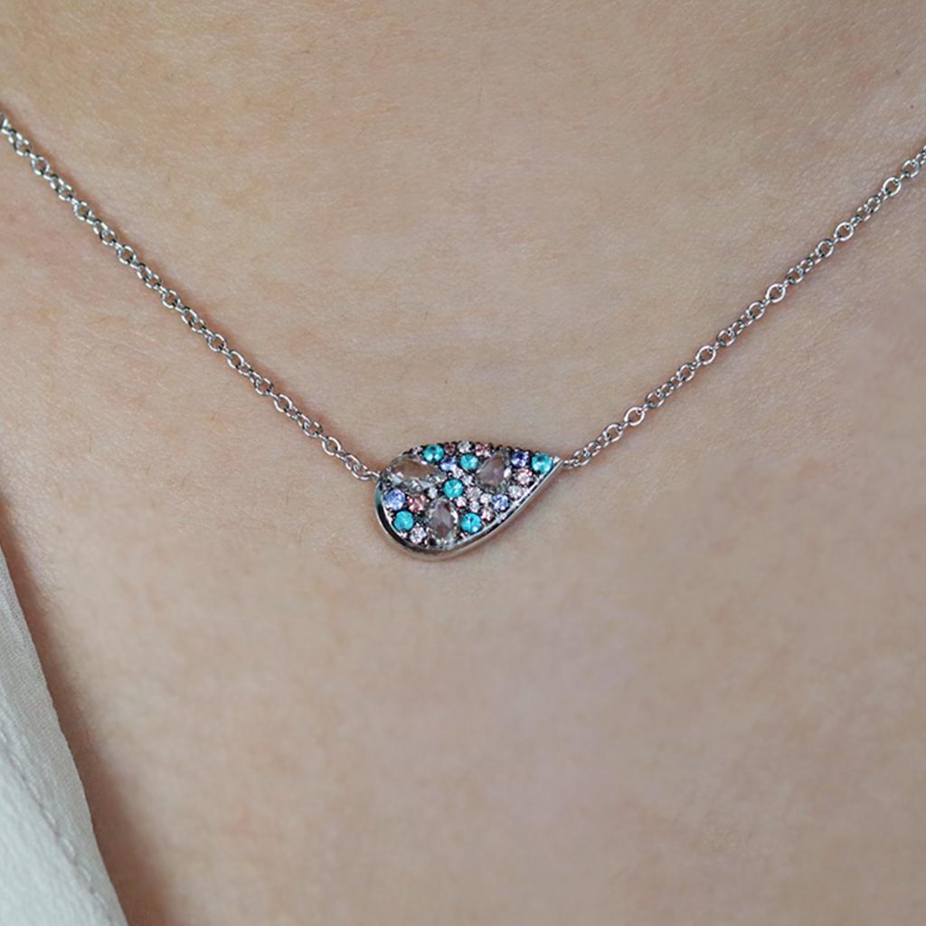 Paraiba Tourmaline Rose-Cut Diamond Pink Diamond Mosaic Pendant Necklace For Sale 2