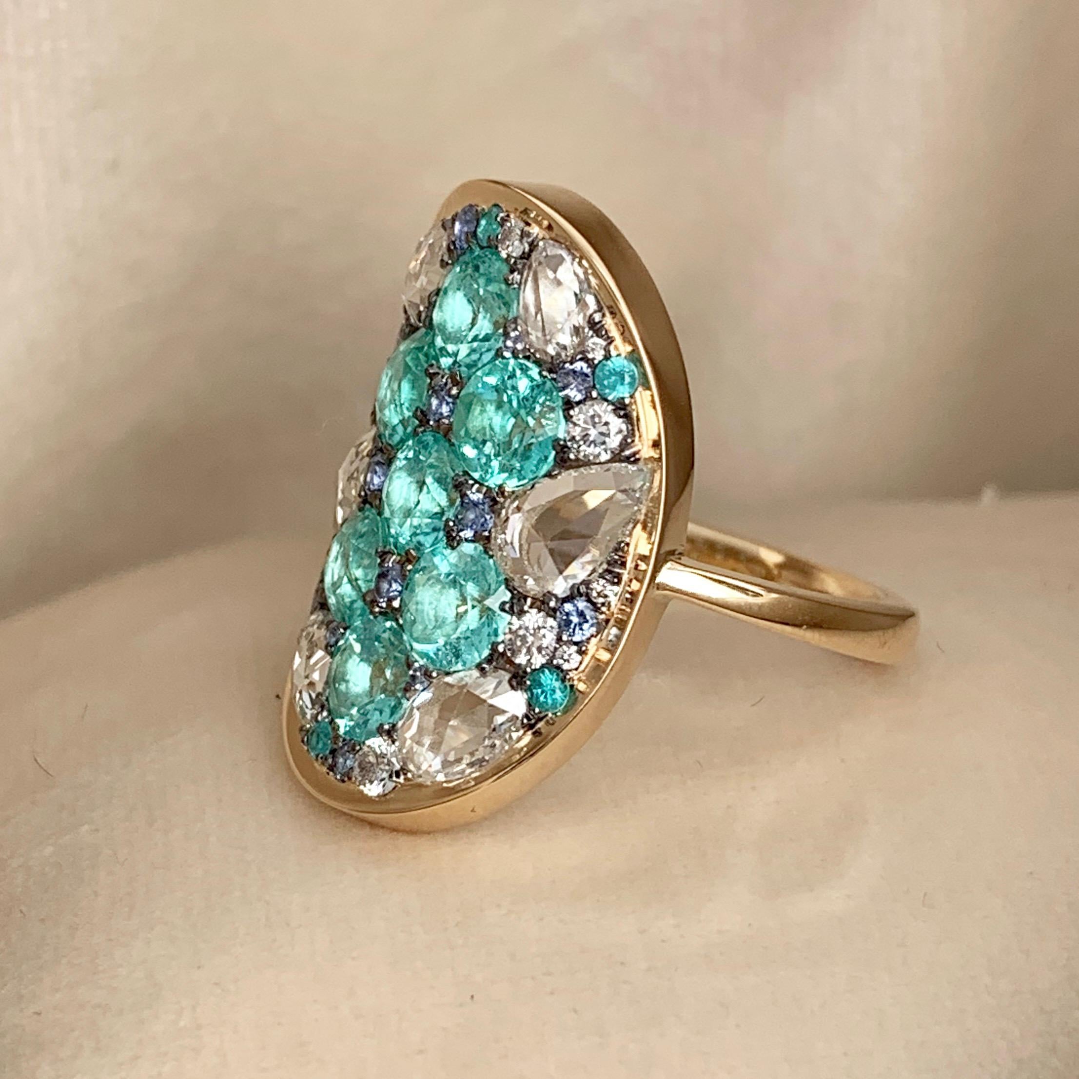 Paraïba Tourmaline Rose-Cut Diamond Unheated Blue Sapphire Pave Ring 4