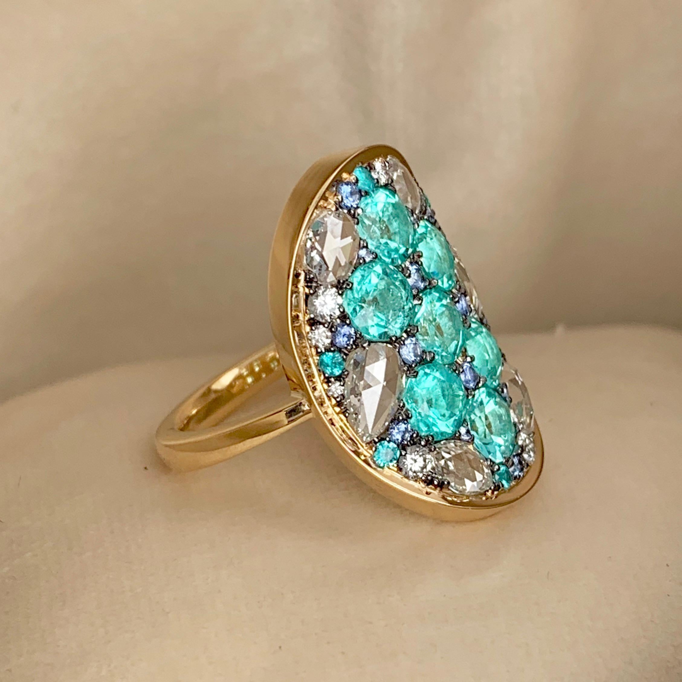 Paraïba Tourmaline Rose-Cut Diamond Unheated Blue Sapphire Pave Ring 5