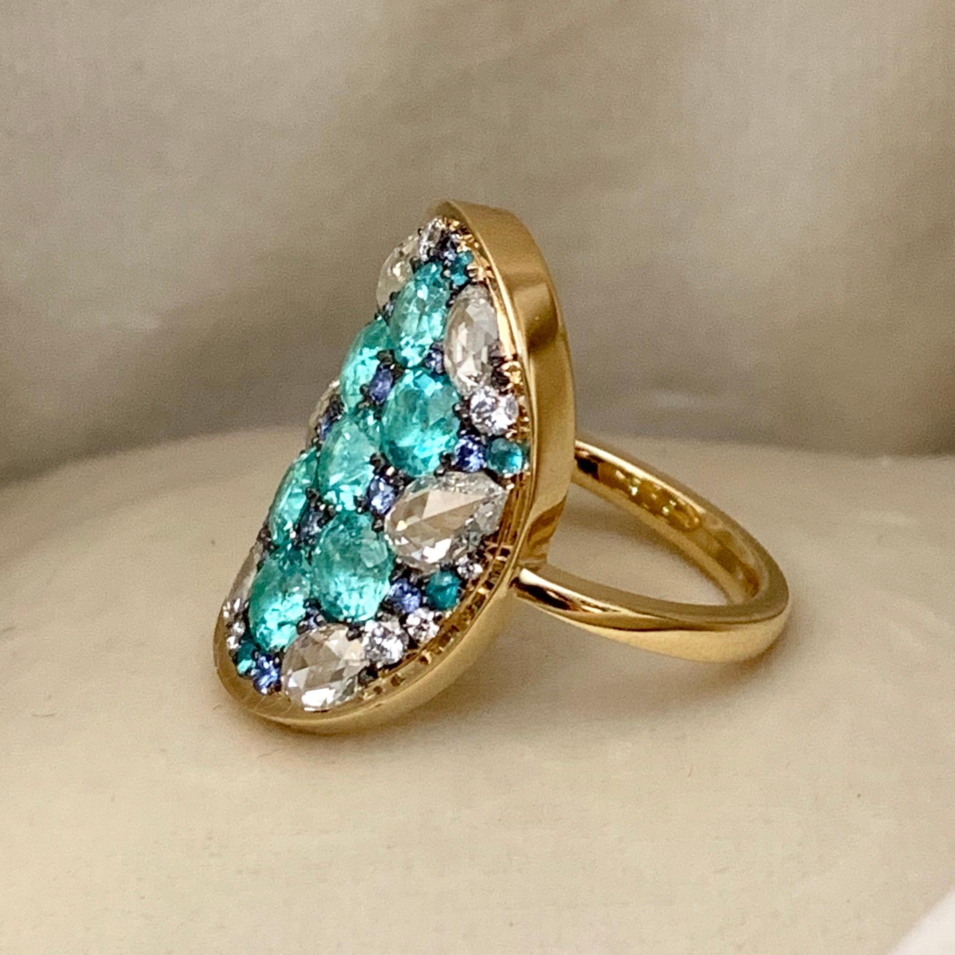Paraïba Tourmaline Rose-Cut Diamond Unheated Blue Sapphire Pave Ring 7