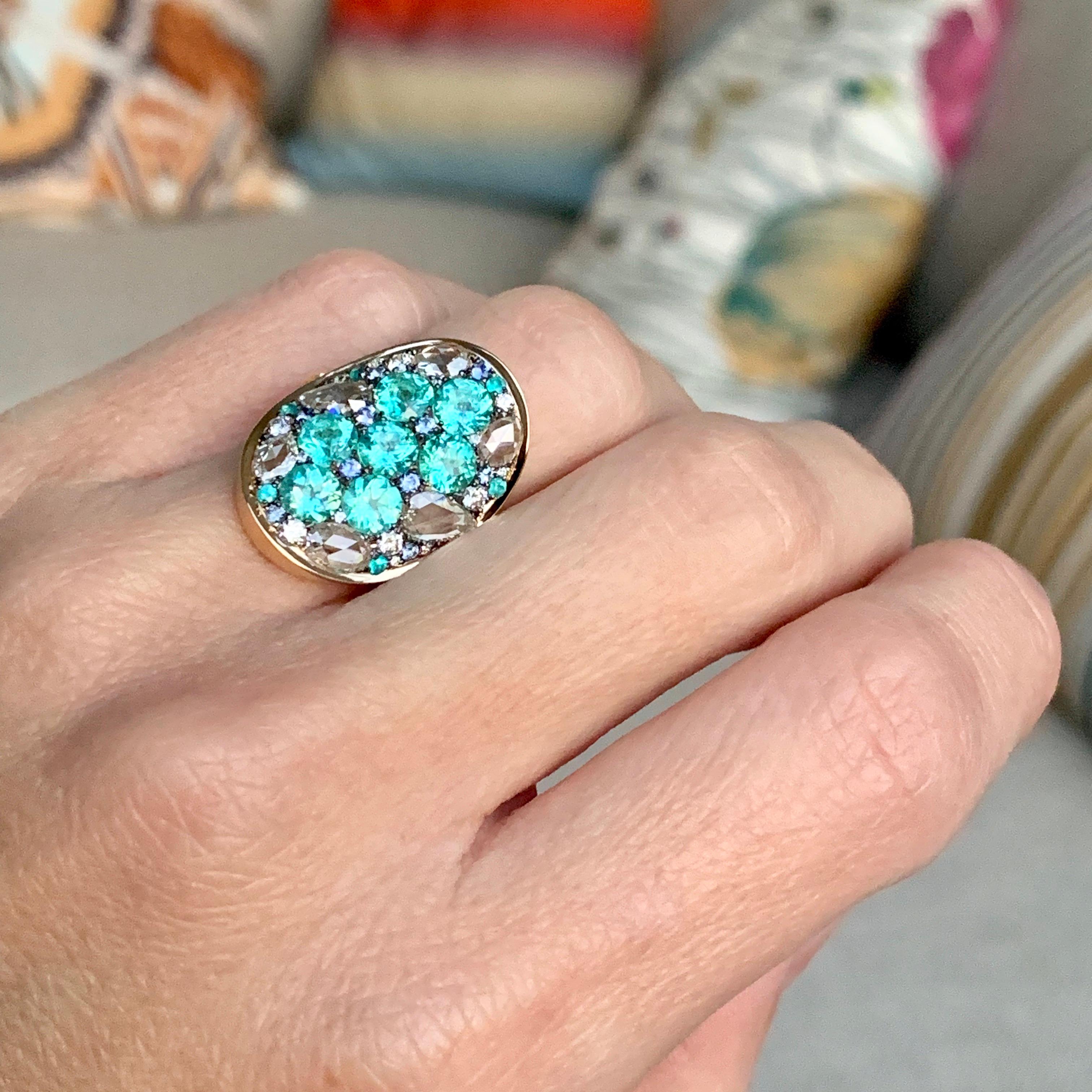 Paraïba Tourmaline Rose-Cut Diamond Unheated Blue Sapphire Pave Ring 8