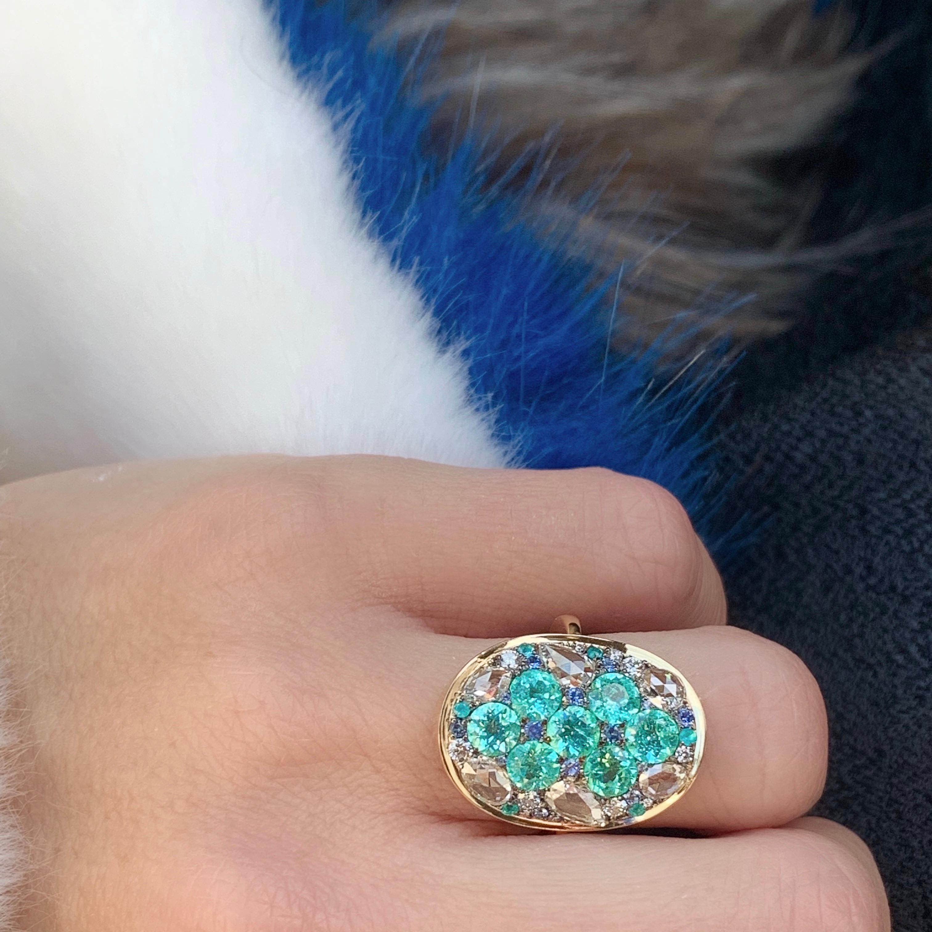 Paraïba Tourmaline Rose-Cut Diamond Unheated Blue Sapphire Pave Ring 9