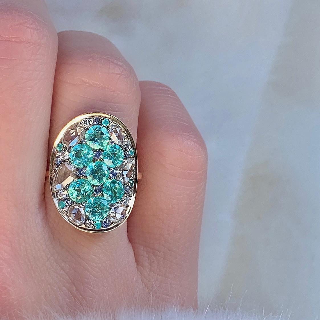 Paraïba Tourmaline Rose-Cut Diamond Unheated Blue Sapphire Pave Ring 10