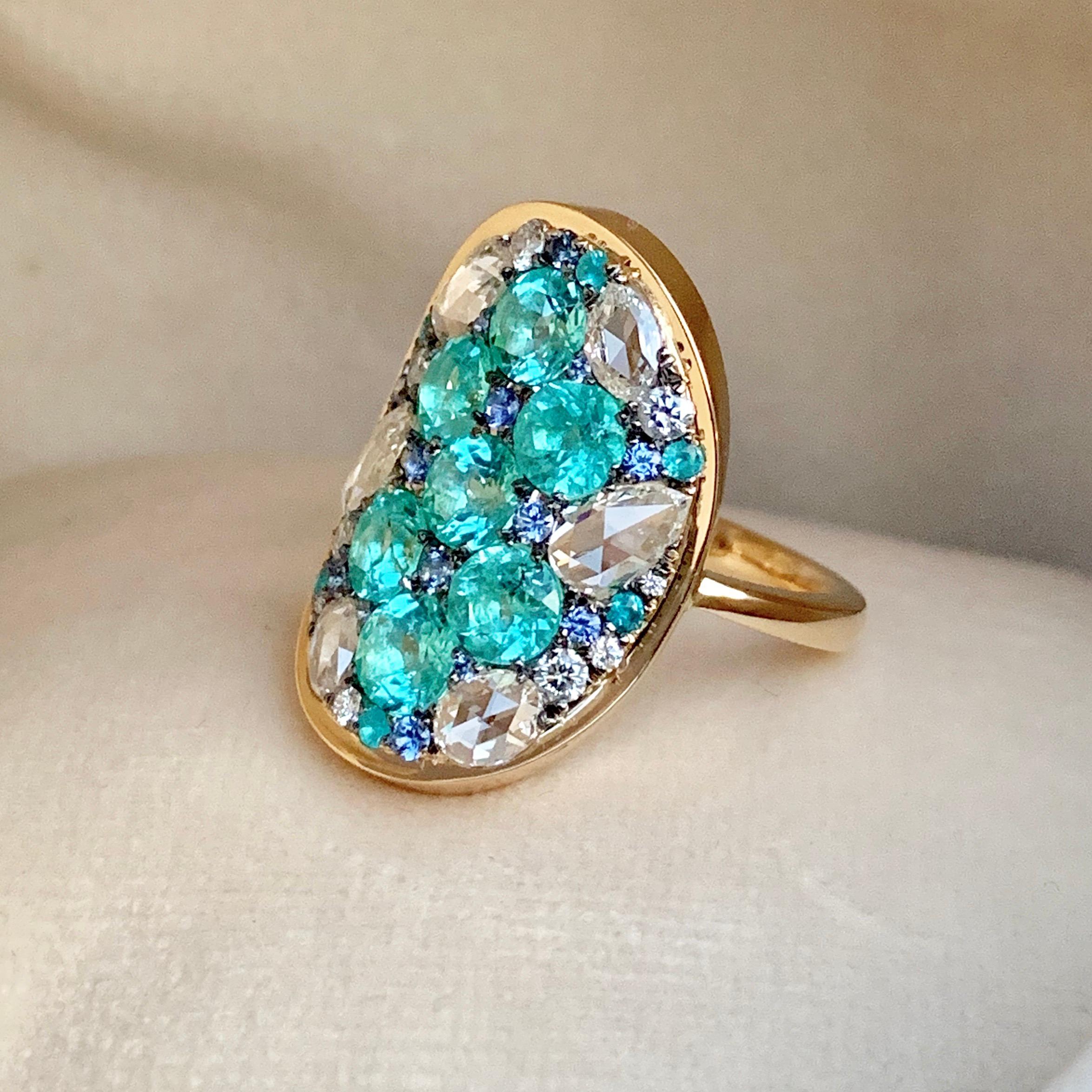 Contemporary Paraïba Tourmaline Rose-Cut Diamond Unheated Blue Sapphire Pave Ring