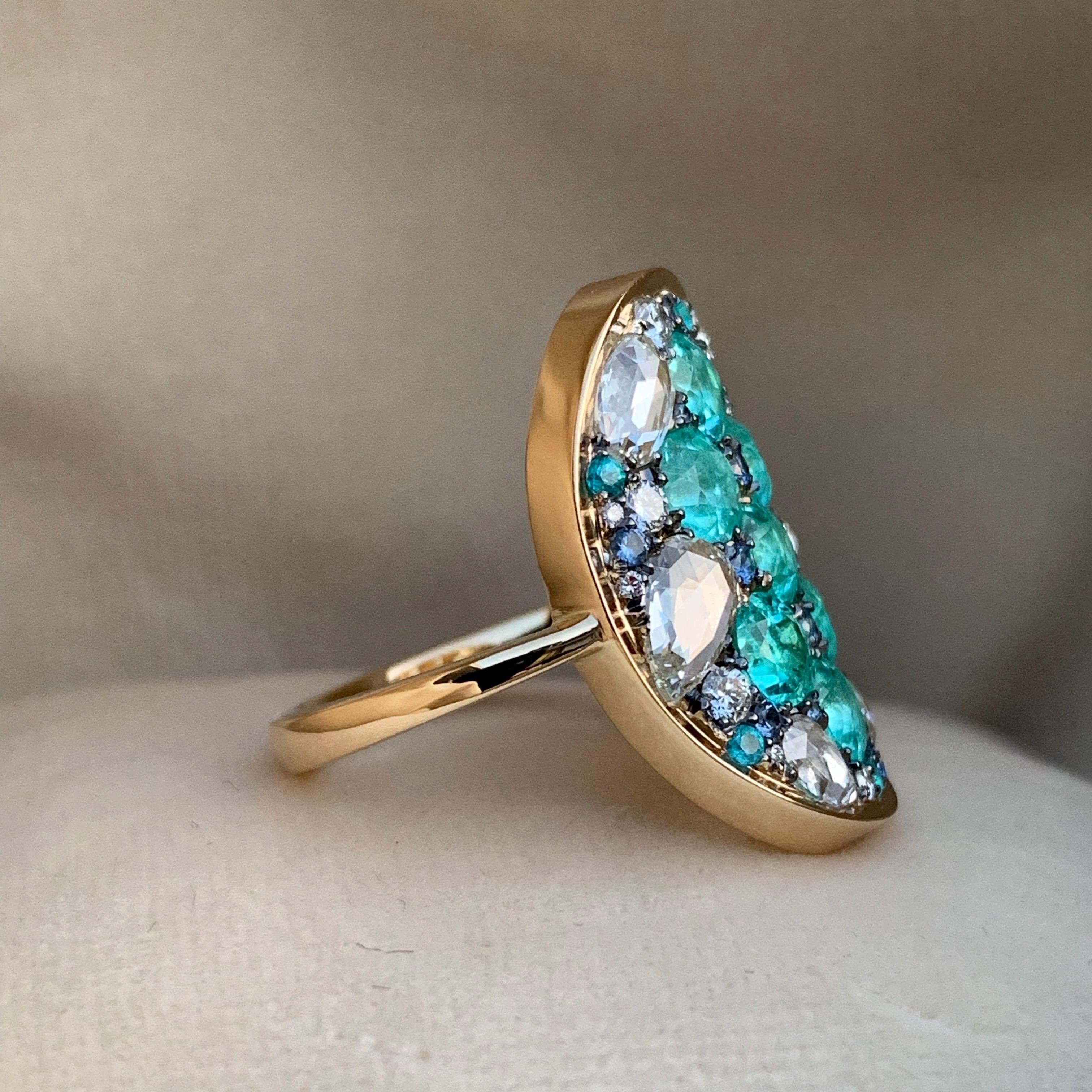Rose Cut Paraïba Tourmaline Rose-Cut Diamond Unheated Blue Sapphire Pave Ring