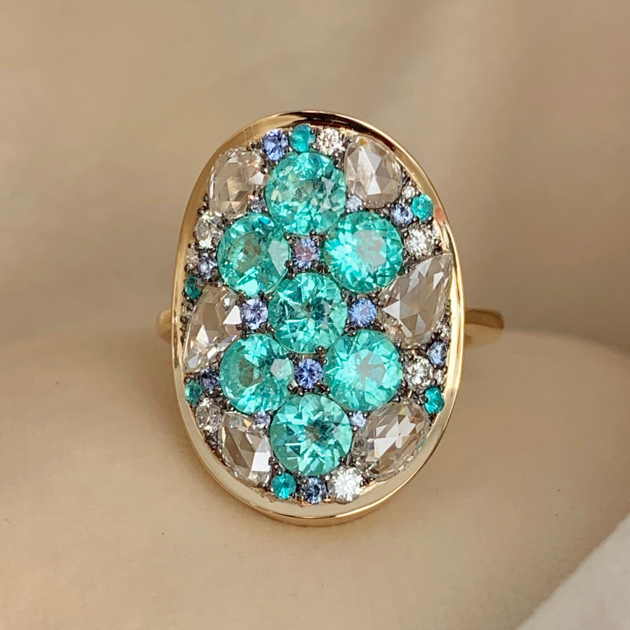 Paraïba Tourmaline Rose-Cut Diamond Unheated Blue Sapphire Pave Ring 2