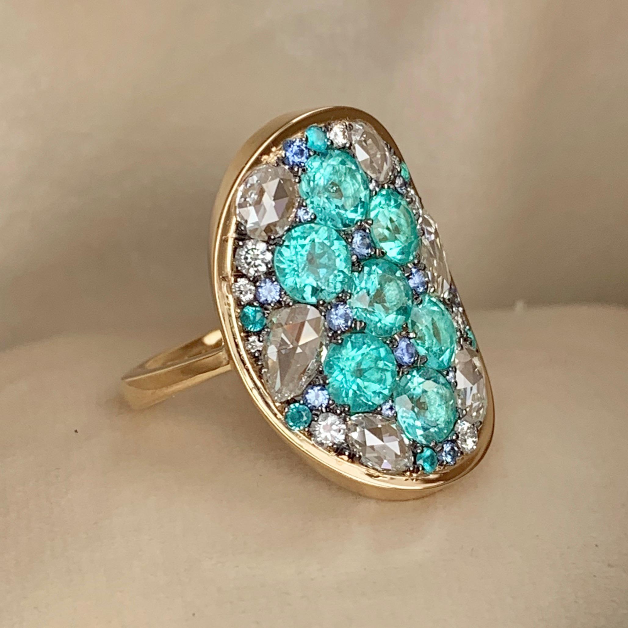 Paraïba Tourmaline Rose-Cut Diamond Unheated Blue Sapphire Pave Ring 3