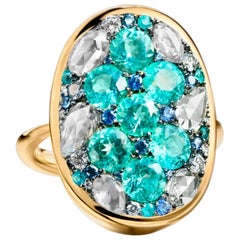Paraïba Tourmaline Rose-Cut Diamond Unheated Blue Sapphire Pave Ring