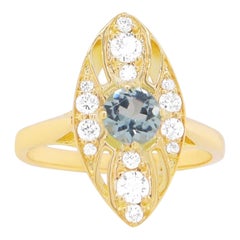 Paraiba Tourmaline Round Diamond Accent Marquise Shape 18K Elongated Yellow Ring