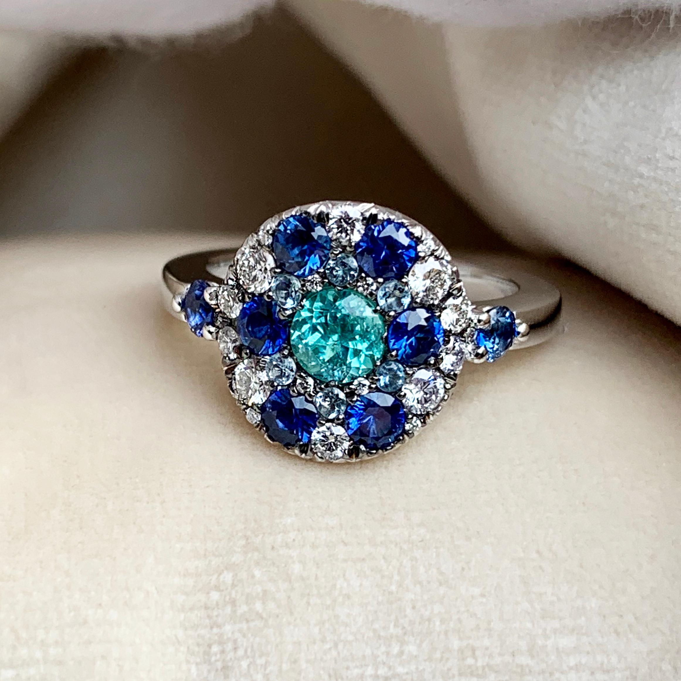 Paraiba Tourmaline, Royal Blue Sapphire, Aquamarine and White Diamond Ring 1
