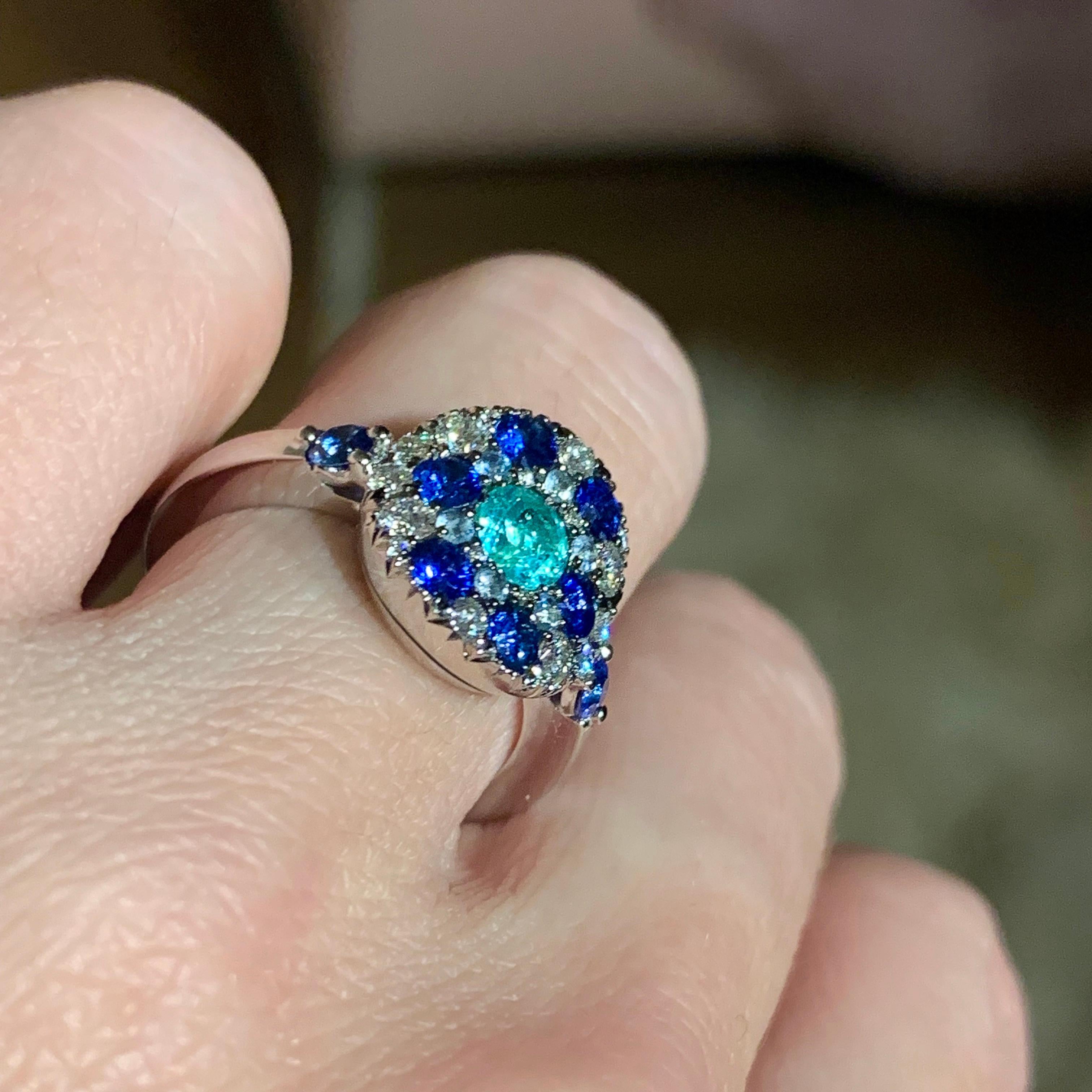Paraiba Tourmaline, Royal Blue Sapphire, Aquamarine and White Diamond Ring 3