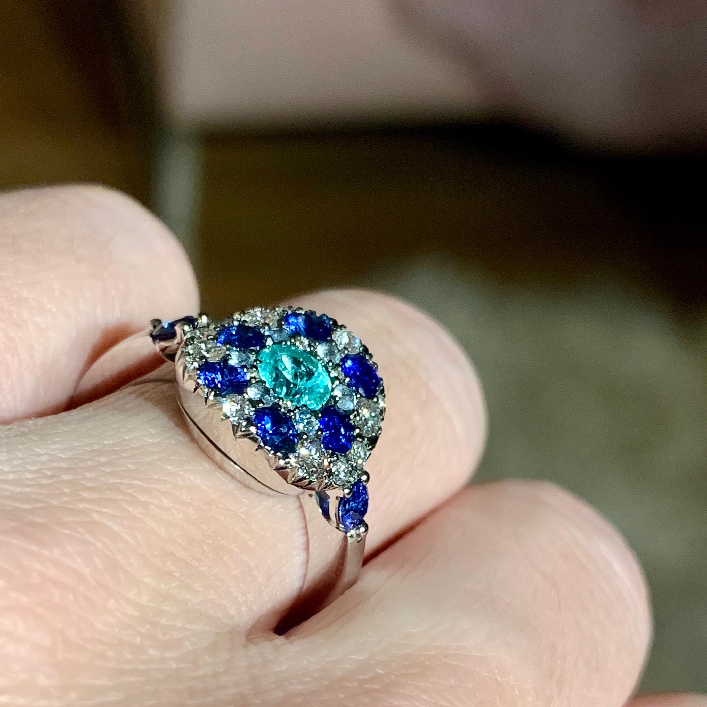 Paraiba Tourmaline, Royal Blue Sapphire, Aquamarine and White Diamond Ring 4