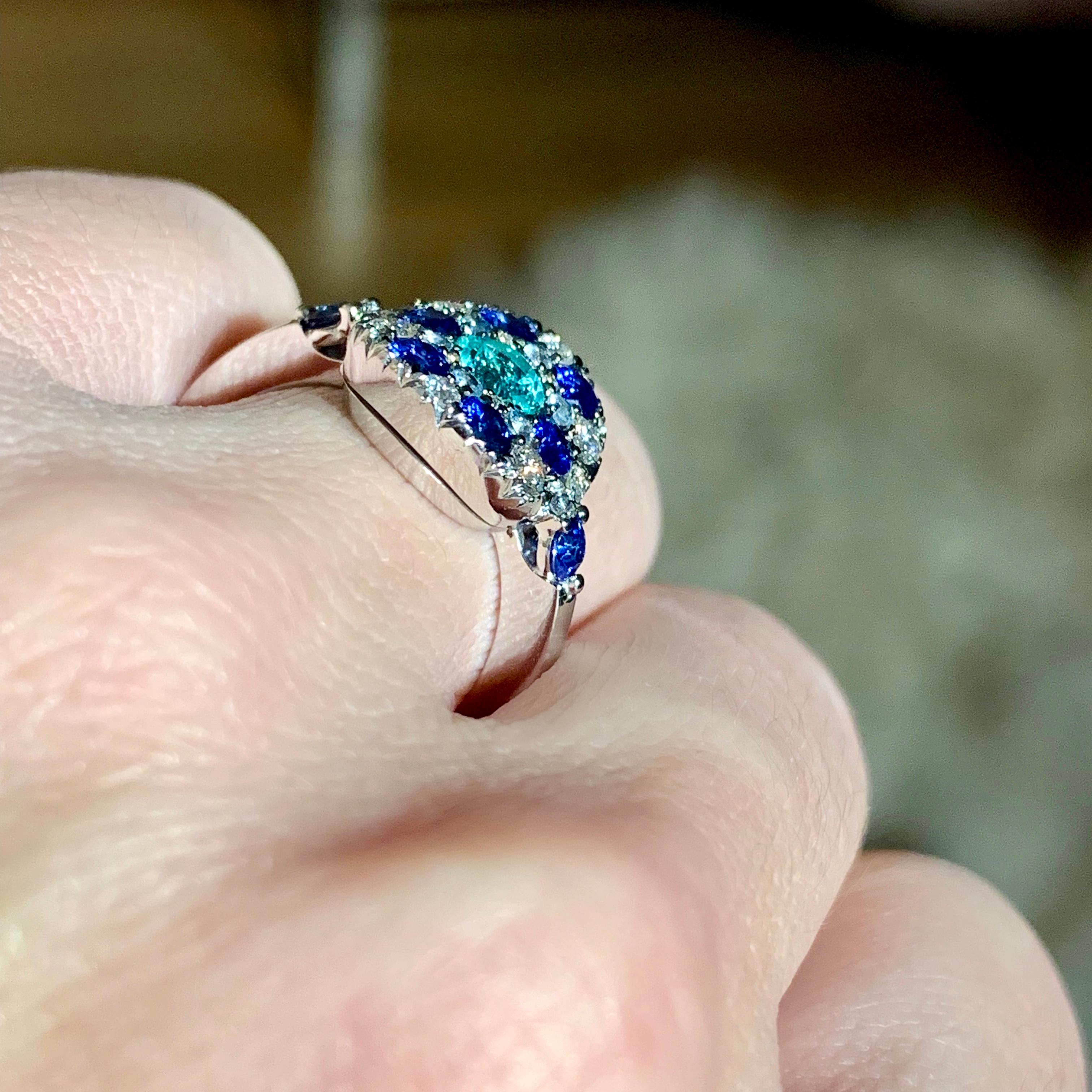 Paraiba Tourmaline, Royal Blue Sapphire, Aquamarine and White Diamond Ring 5