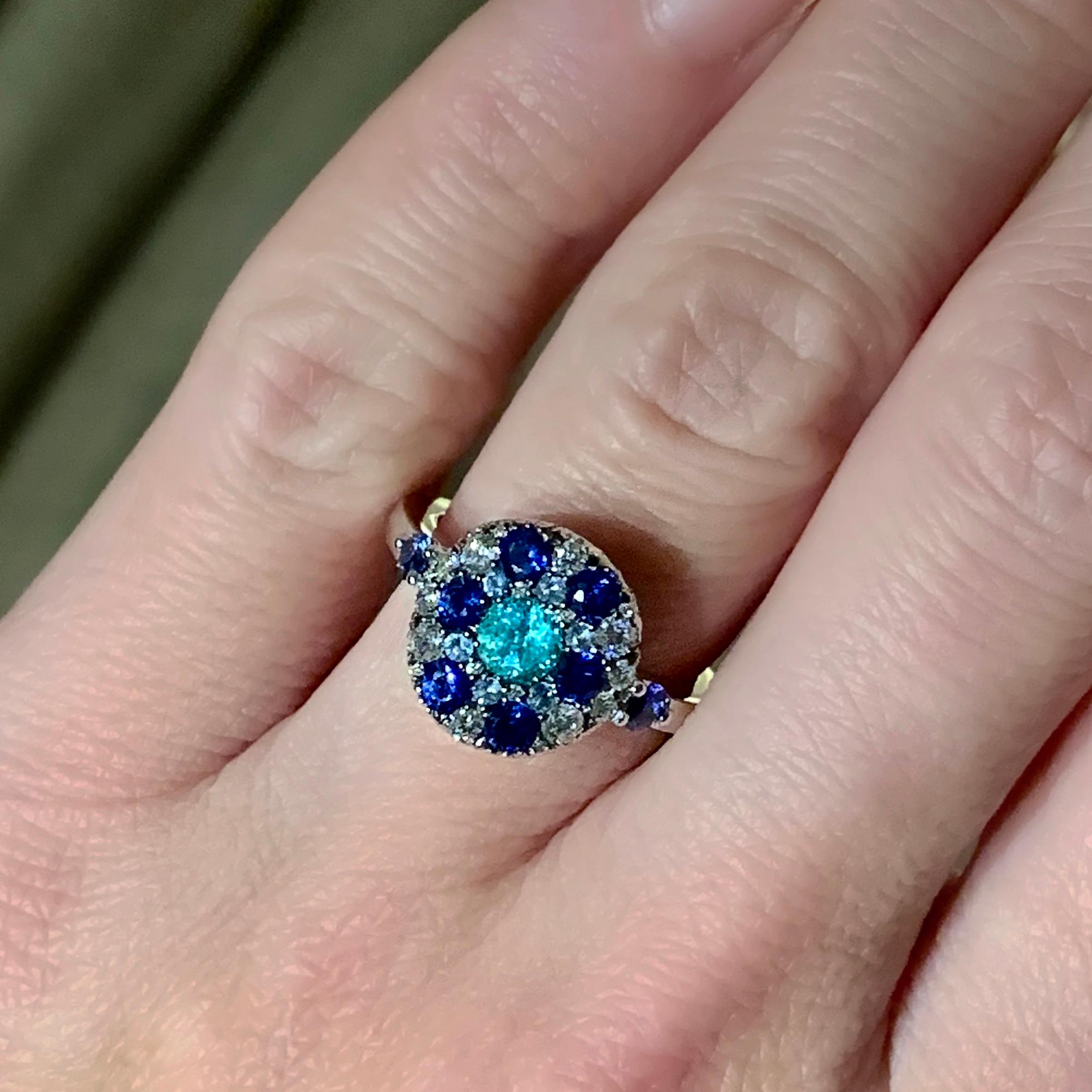 Paraiba Tourmaline, Royal Blue Sapphire, Aquamarine and White Diamond Ring 2