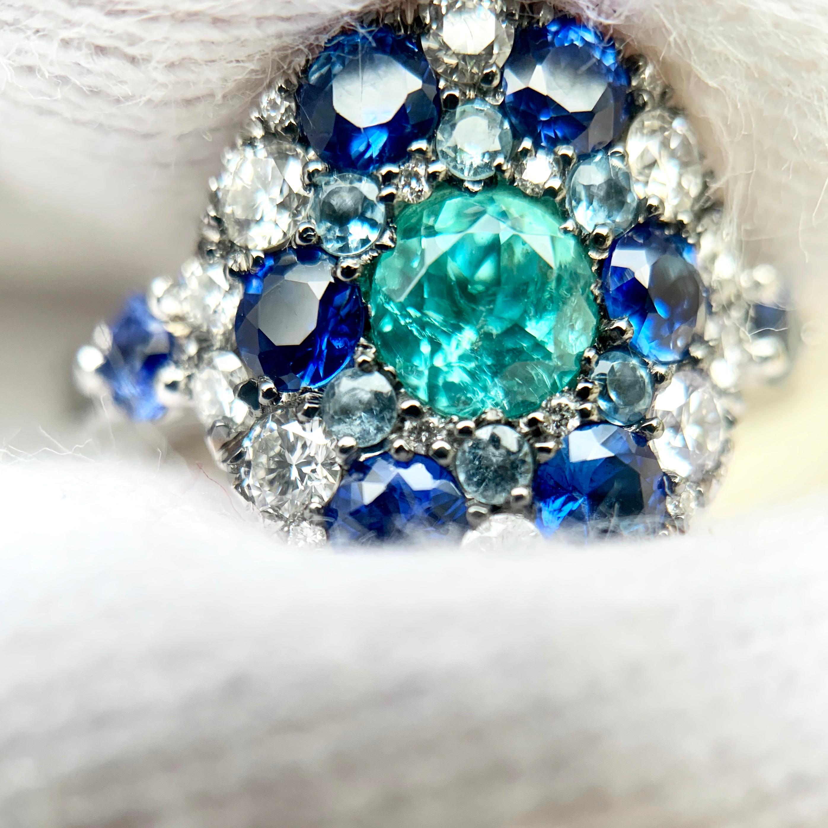 Paraiba Tourmaline, Royal Blue Sapphire, Aquamarine and White Diamond Ring 9