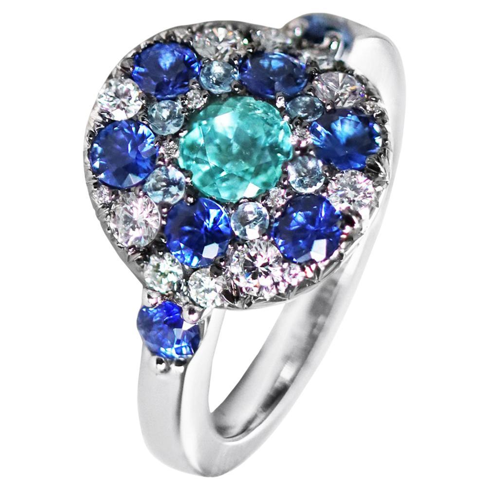 Paraiba Tourmaline, Royal Blue Sapphire, Aquamarine and White Diamond Ring