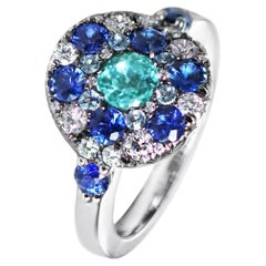 Paraiba Tourmaline, Royal Blue Sapphire, Aquamarine and White Diamond Ring
