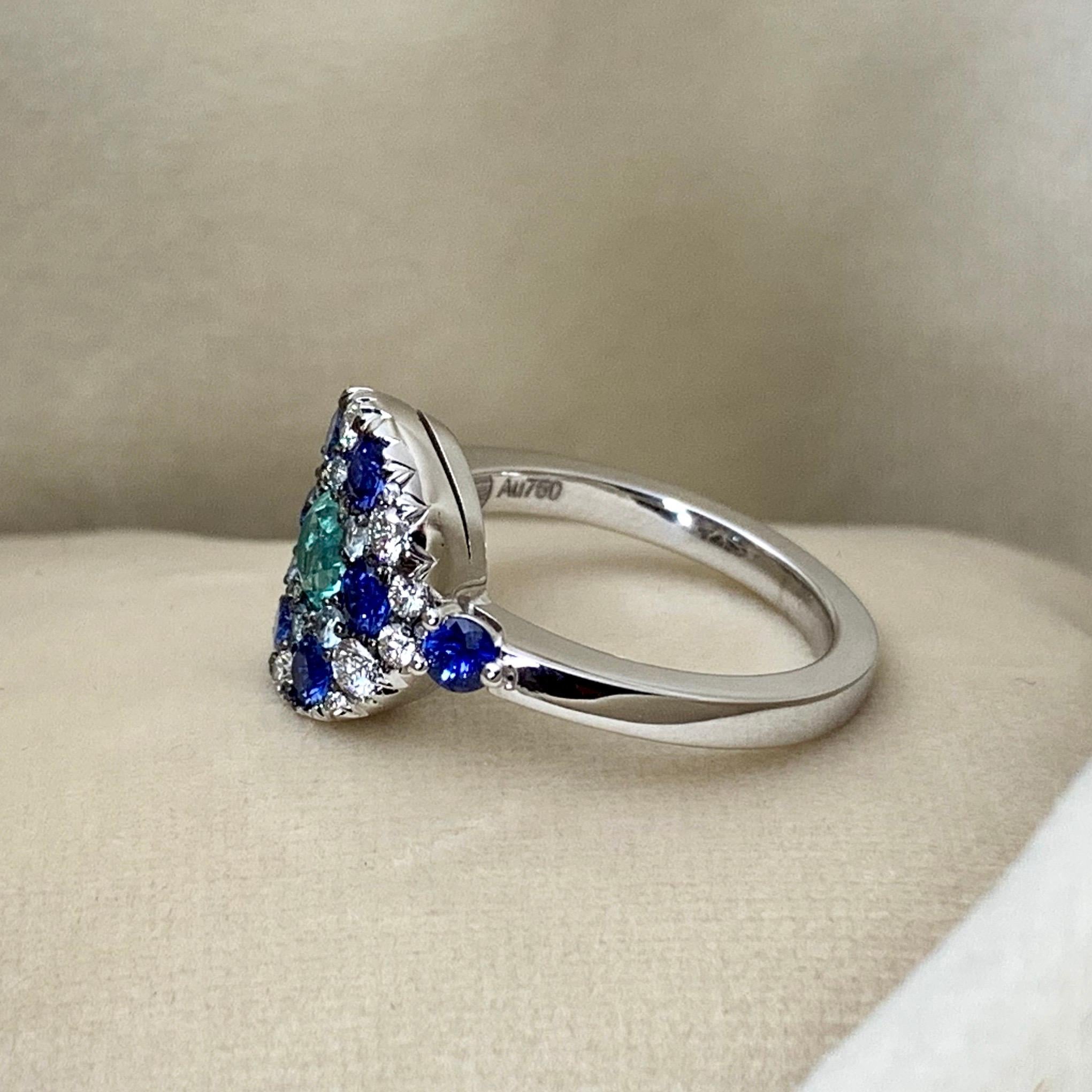 Round Cut Paraiba Tourmaline, Royal Blue Sapphire, Aquamarine and White Diamond Ring