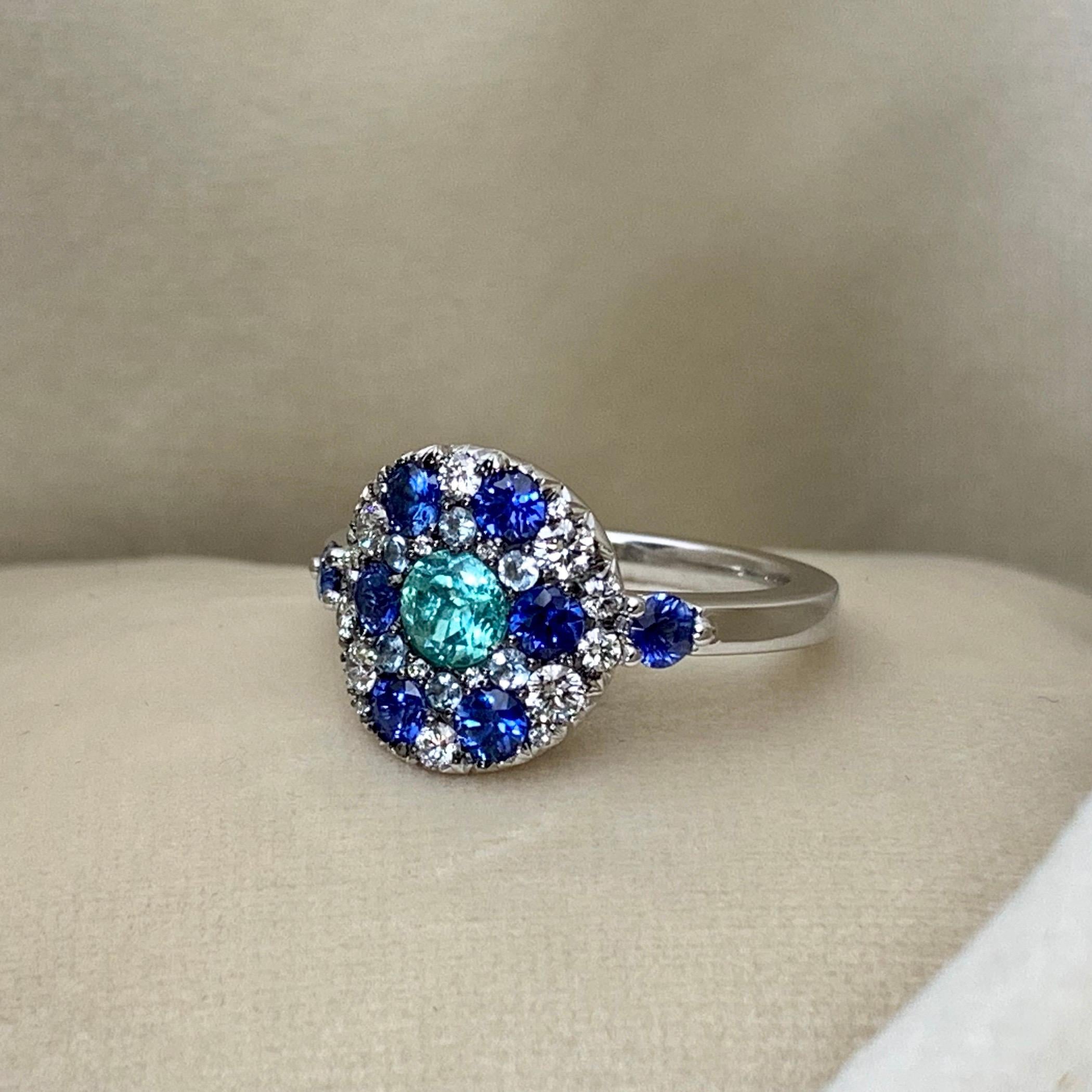 Paraiba Tourmaline, Royal Blue Sapphire, Aquamarine and White Diamond Ring In New Condition In Antwerp, BE