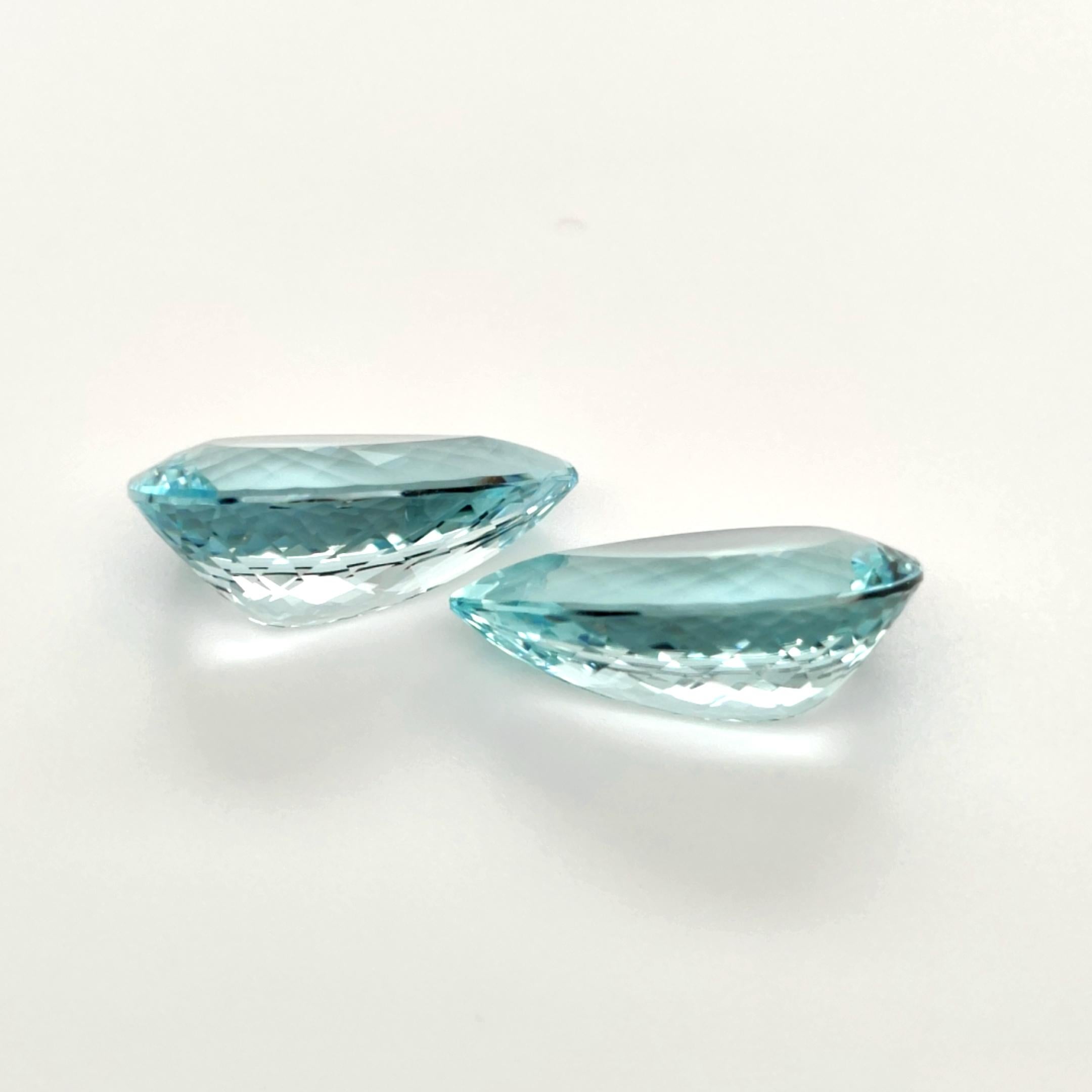 24.01 carat and 24.45 carat Paraiba Tourmaline Pear Mixed cut
Color: Ice Blue 
Provenance: Mavuco - Mozambique.
Dimensions : 25.2 x 17 x 9.8 mm and 25.2 x 17 x 10.3 mm.
Clarity: Flawless & Heated
