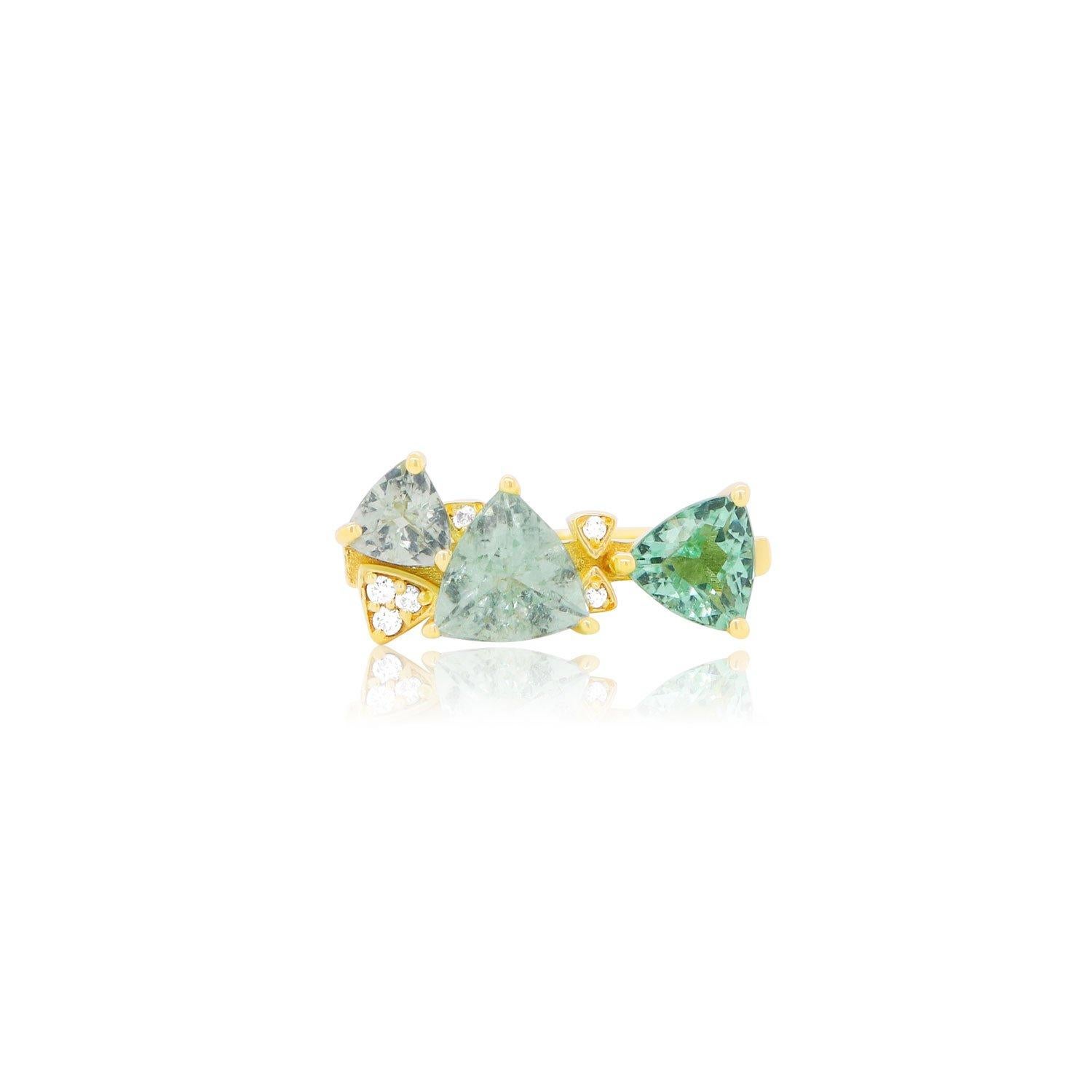 Round Cut Paraiba Tourmaline Trillion Three Stone Diamond Fashion Ring 18K Yellow Gold For Sale