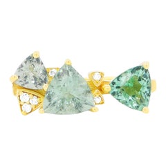 Paraiba Tourmaline Trillion Three Stone Diamond Fashion Ring 18K Yellow Gold