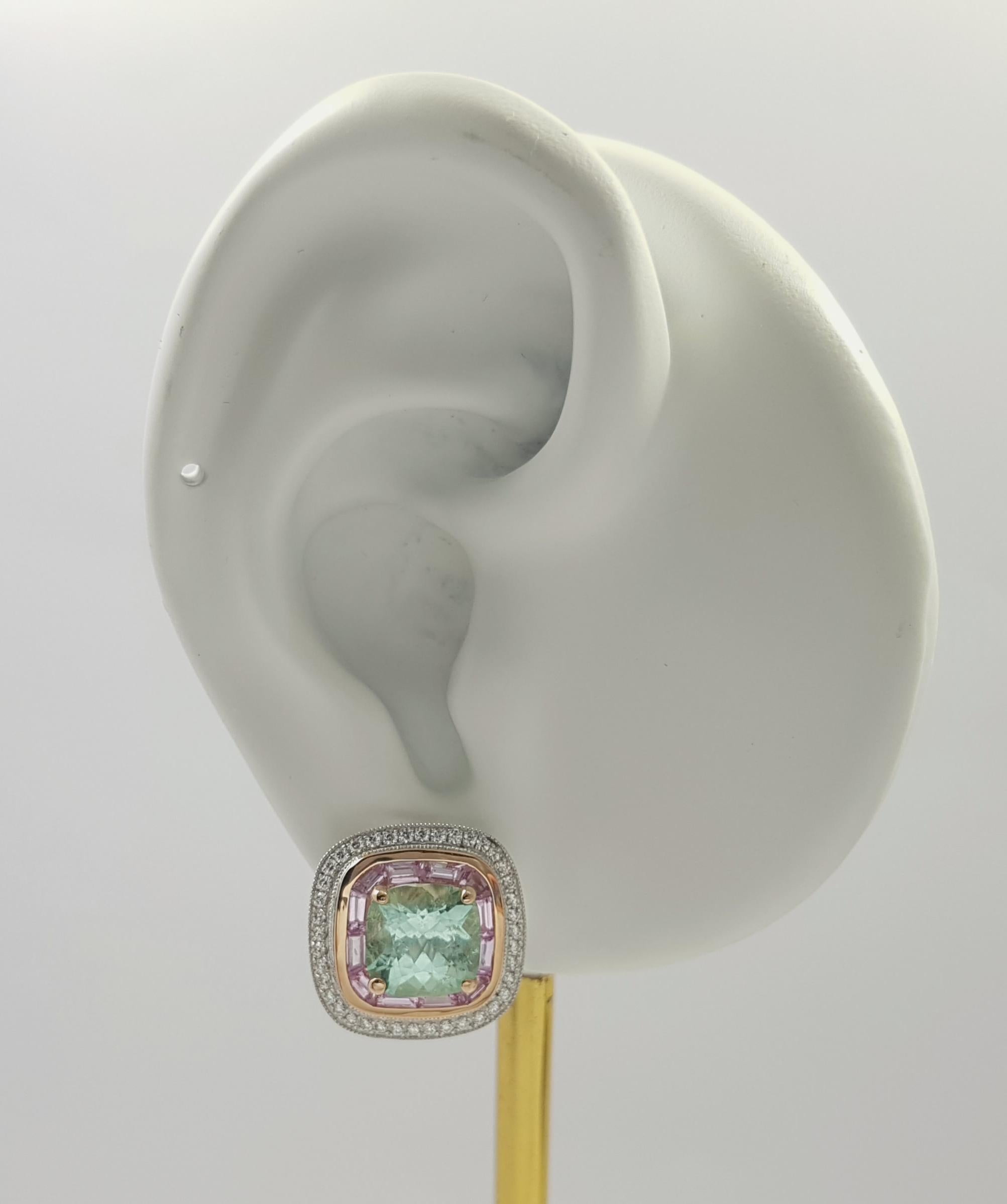 Paraiba Tourmaline 4.32 carats with Pink Sapphire 1.35 crats and Diamond 0.37 carats Earrings set in 18K White/ Rose Gold Settings

Width: 1.6 cm 
Length: 1.6 cm
Total Weight: 11.87 grams

