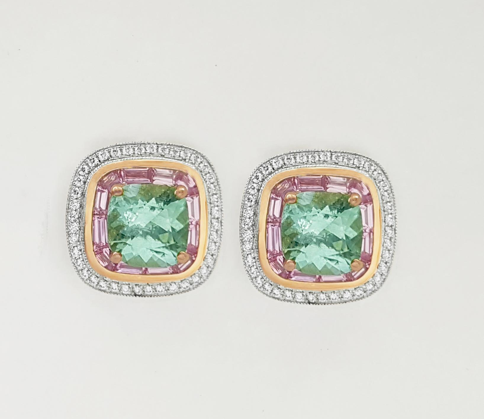Contemporary Paraiba Tourmaline with Pink Sapphire and Diamond Earrings 18K White/ Rose Gold For Sale