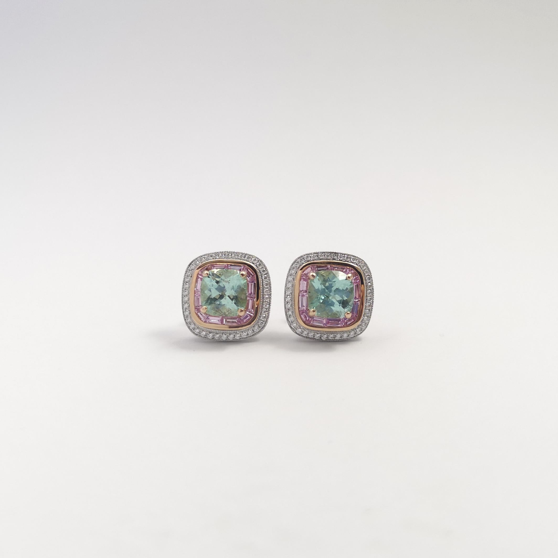 Cushion Cut Paraiba Tourmaline with Pink Sapphire and Diamond Earrings 18K White/ Rose Gold For Sale