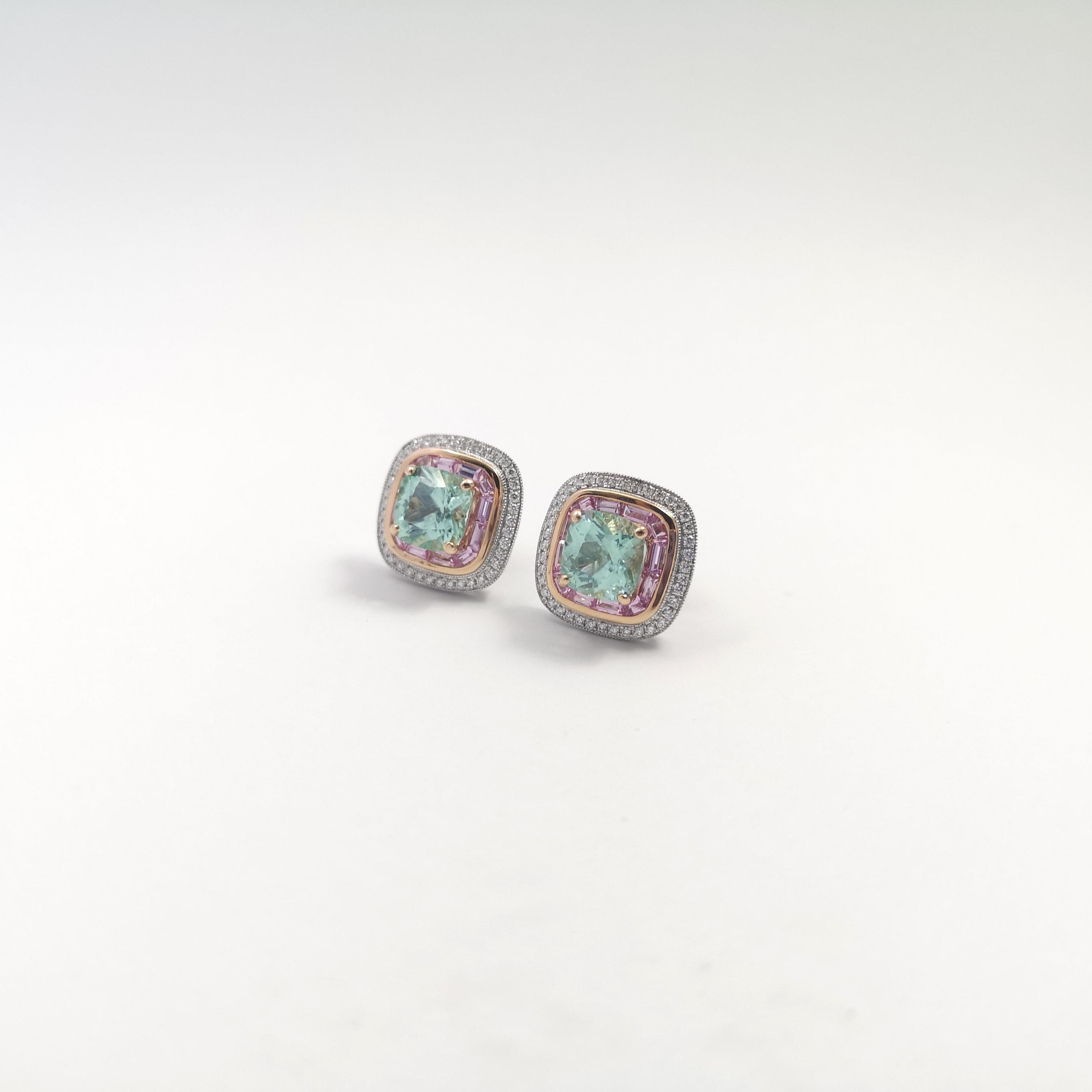 Paraiba Tourmaline with Pink Sapphire and Diamond Earrings 18K White/ Rose Gold In New Condition For Sale In Bangkok, TH