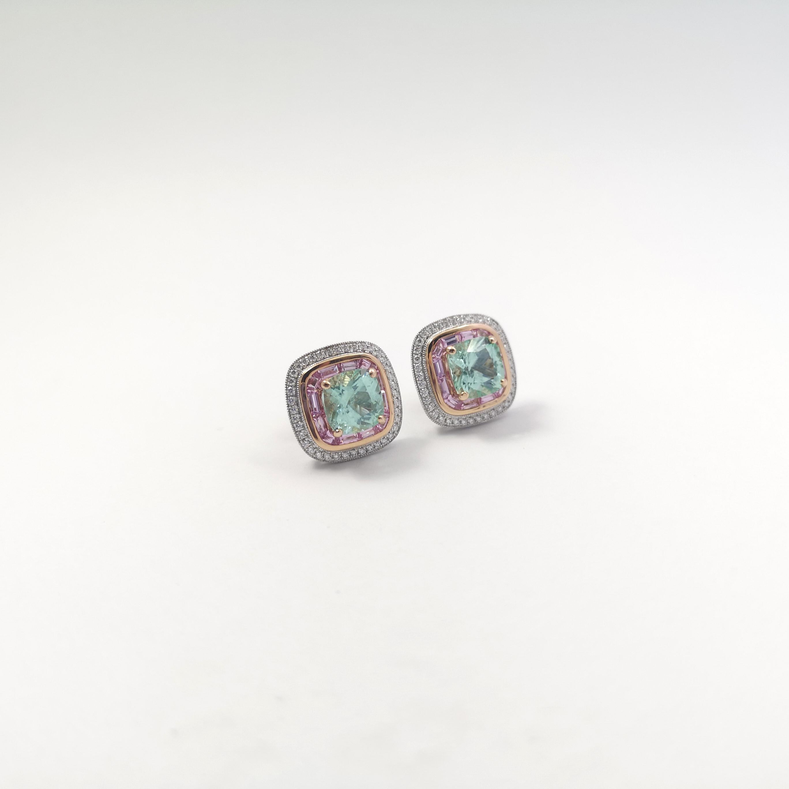 Paraiba Tourmaline with Pink Sapphire and Diamond Earrings 18K White/ Rose Gold For Sale 2