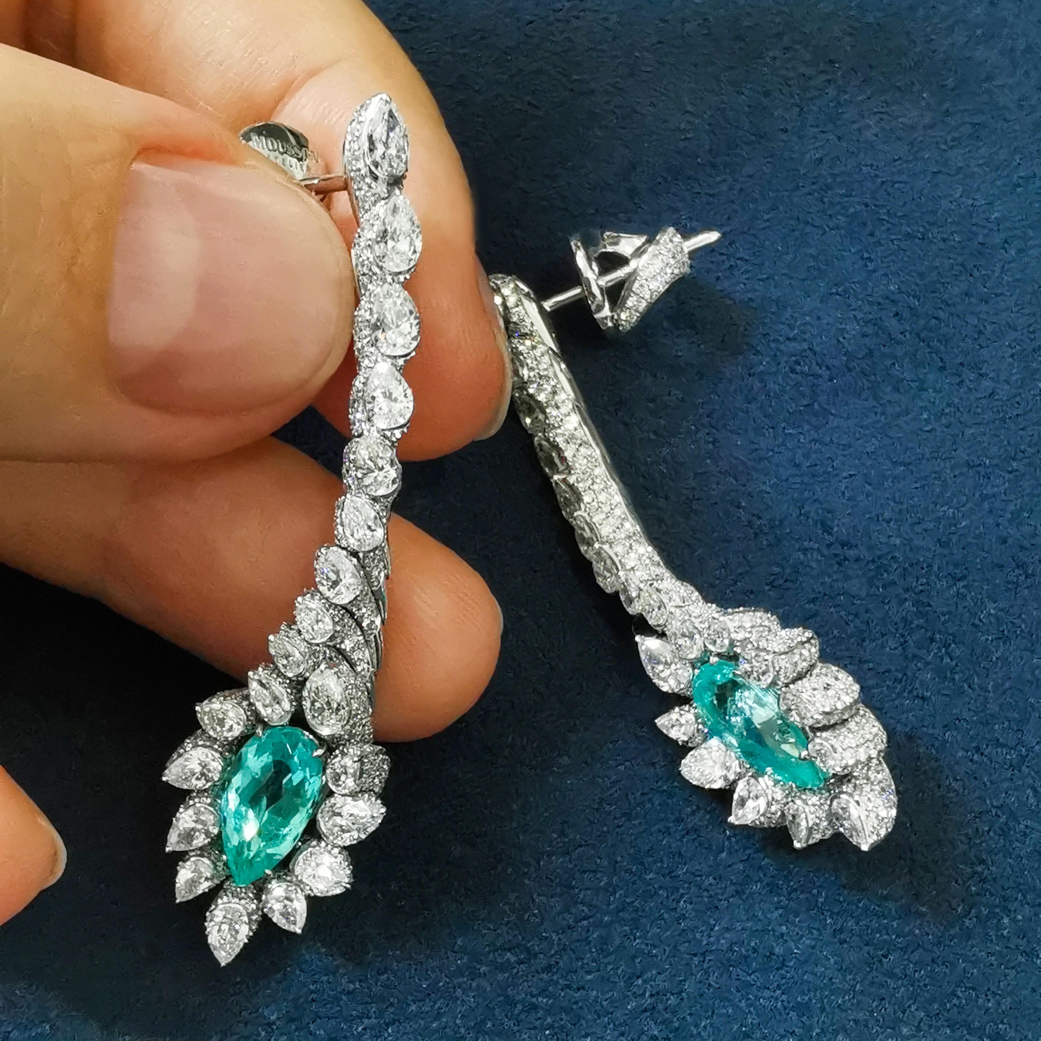 Contemporary Paraiba Tourmalines 2.51 Carat Diamonds 18 Karat White Gold Earrings For Sale